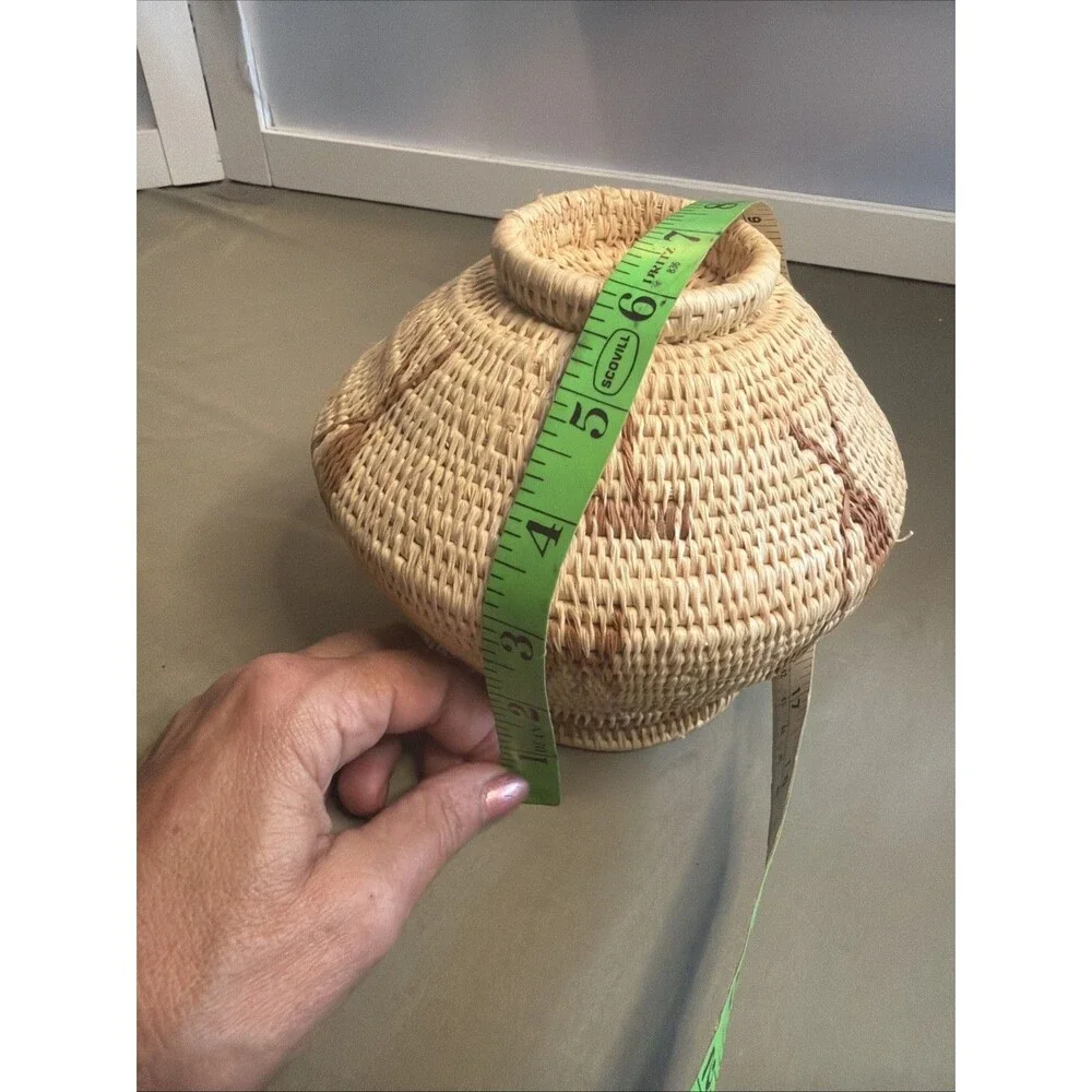 Vintage Handwoven Coil Basket Botanical Geometric Natural Fiber Rainforest Chic